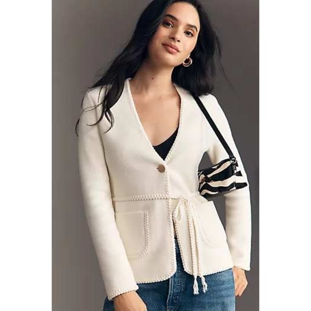 NVLT Cream Boiled Wool Blend Scalloped Trim Wrap Cardigan Jacket Size Medium